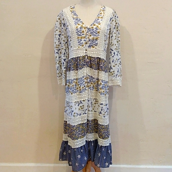 Anthropologie Fall Dress Cottagecore Peasant Floral 12 Crochet Boho Maxi Lace L - Picture 2 of 16